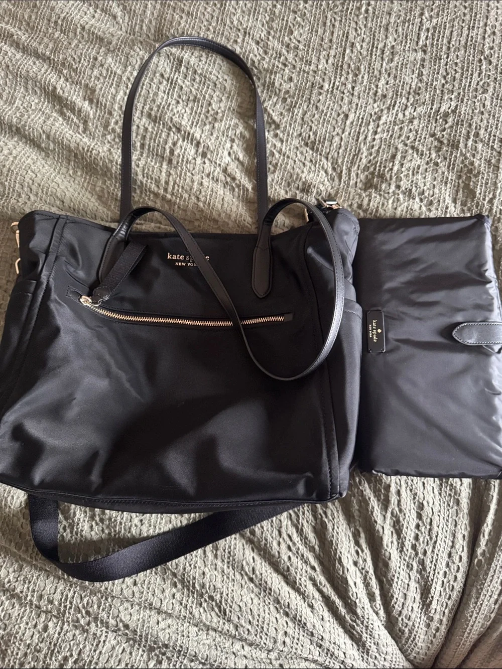 kate spade Black Nylon Diaper Tote with Gold Hardware and Matching Changing Pad